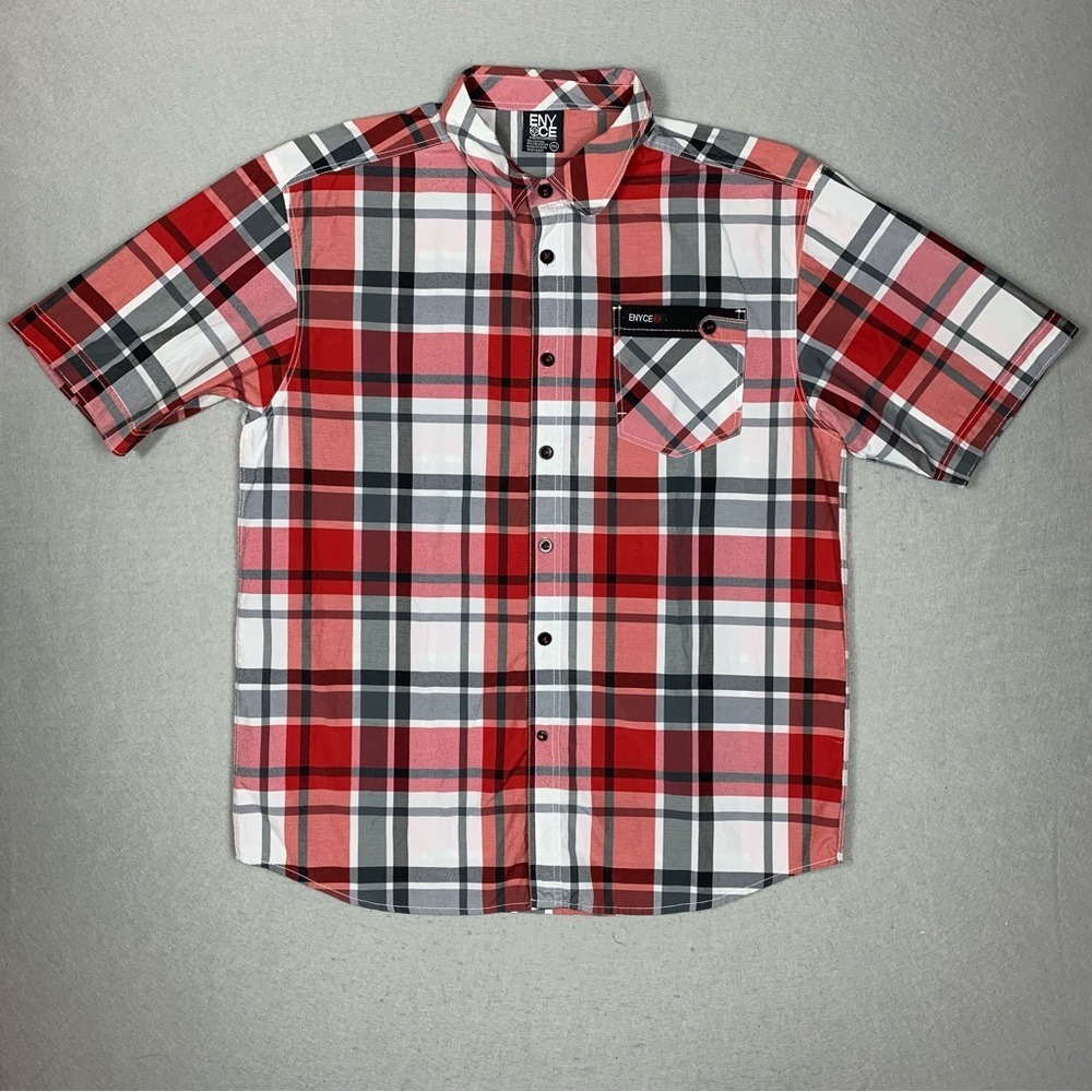 Y2K Enyce Shirt Mens 2XL Red Plaid Short Sleeve Western Button Up Sean Combs